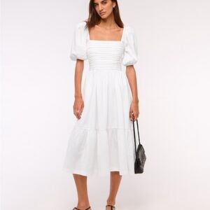 Abercrombie & Fitch White Midi Dress with Puff Sleeves
